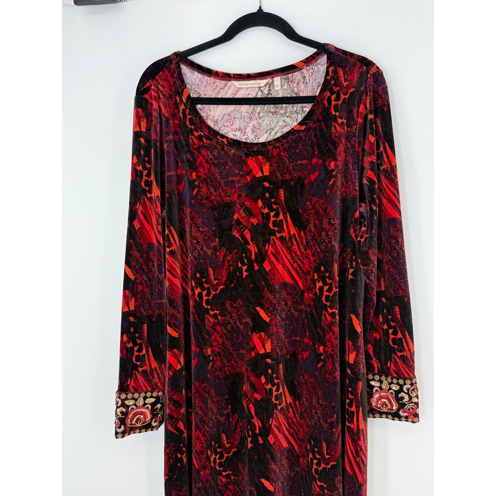 Soft Surroundings Santiago Velvet Maxi Dress Beaded Cuff Red Black Abstract L - Picture 4 of 8